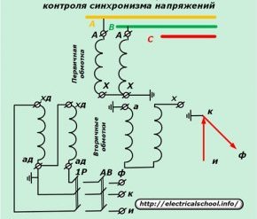 Схема включения двух ТН для контроля синхронизма напряжений